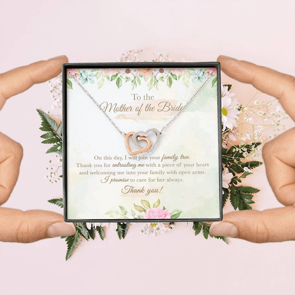 To The Mother Of The Bride On This Day I Will Join Your Family Tree From Groom Interlocking Hearts Pendant Necklace