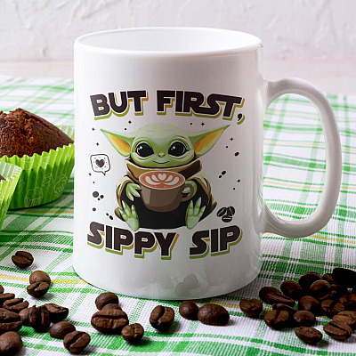 Alternative view of But First Sippy Cup Baby Yoda Ceramic Coffee Mug - Beer Stein - Water Bottle - Color Changing Mug