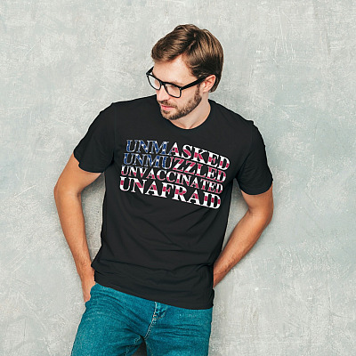 Alternative view of Unmasked Unmuzzled Unvaccinated Unafraid America Flag T-Shirt
