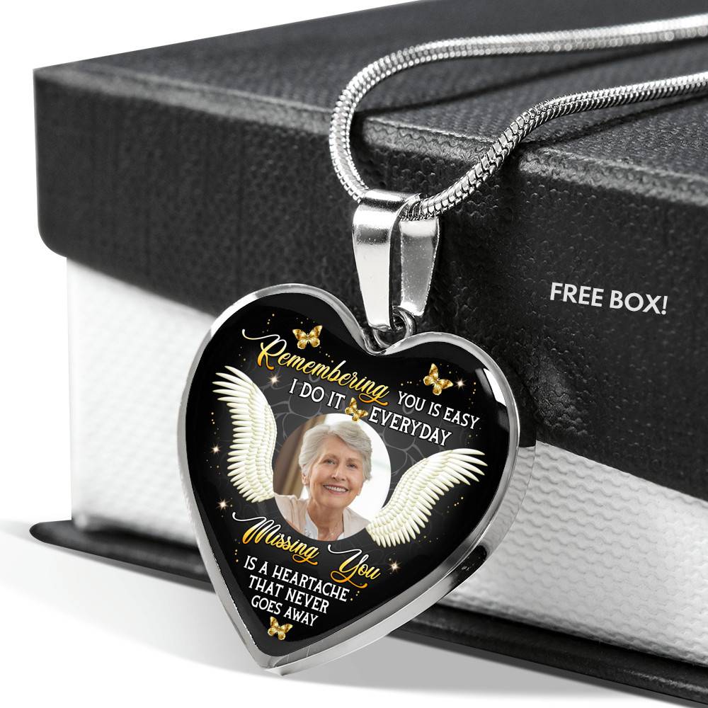 Personalized Photo Remembering You Is Easy I Do It Everyday Sympathy Heart Pendant Necklace - Bangle