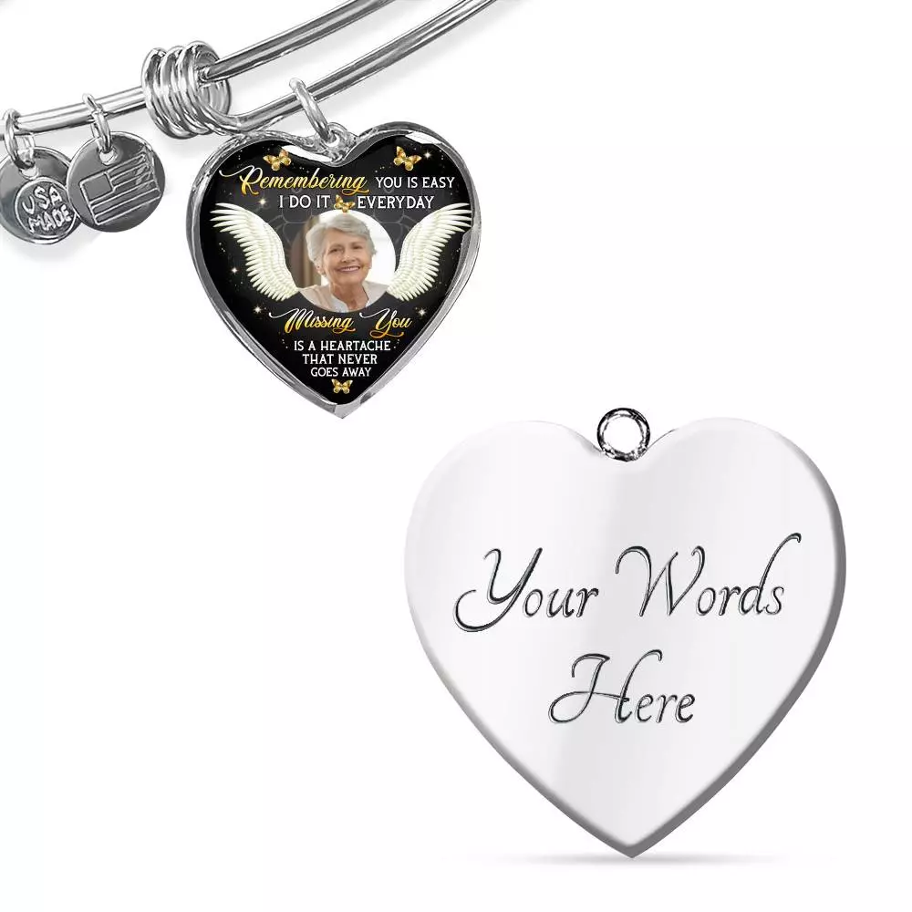 Personalized Photo Remembering You Is Easy I Do It Everyday Sympathy Heart Pendant Necklace - Bangle