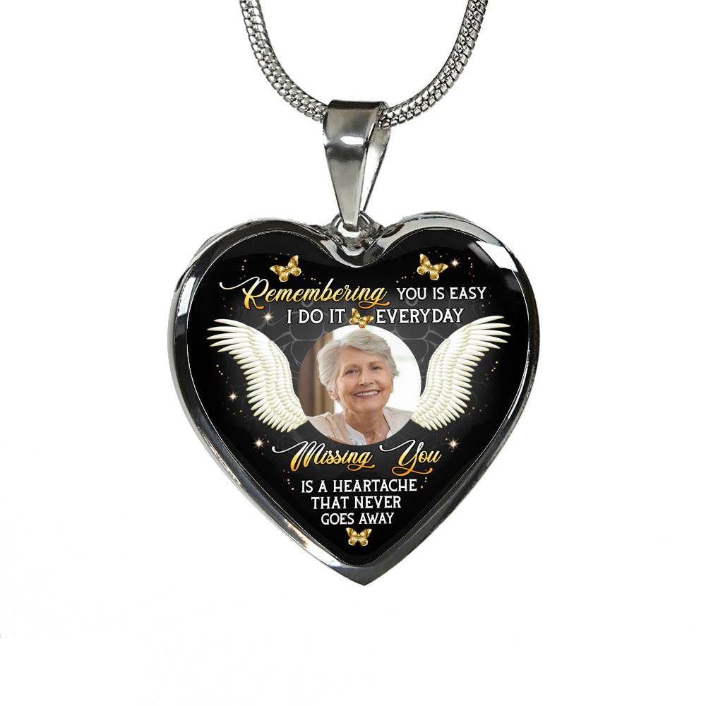 Personalized Photo Remembering You Is Easy I Do It Everyday Sympathy Heart Pendant Necklace - Bangle
