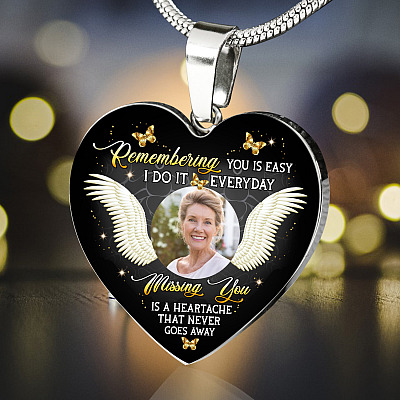 Alternative view of Personalized Photo Remembering You Is Easy I Do It Everyday Sympathy Heart Pendant Necklace - Bangle