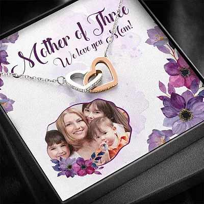 Personalized Photo Mother Of Three We Love You Mom Custom Image Interlocking Hearts Pendant Necklace