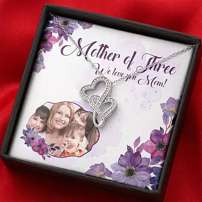 Personalized Photo Mother Of Three We Love You Mom Custom Image Double Hearts Pendant Necklace