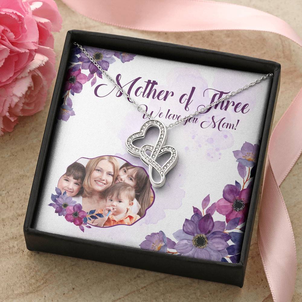 Personalized Photo Mother Of Three We Love You Mom Custom Image Double Hearts Pendant Necklace