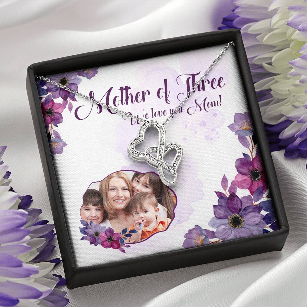 Personalized Photo Mother Of Three We Love You Mom Custom Image Double Hearts Pendant Necklace