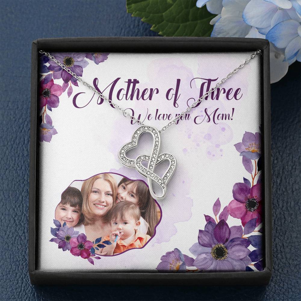 Personalized Photo Mother Of Three We Love You Mom Custom Image Double Hearts Pendant Necklace