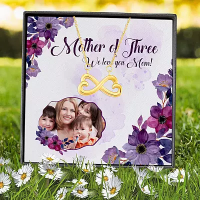 Personalized Photo Mother Of Three We Love You Mom Custom Image Infinity Heart Pendant Necklace