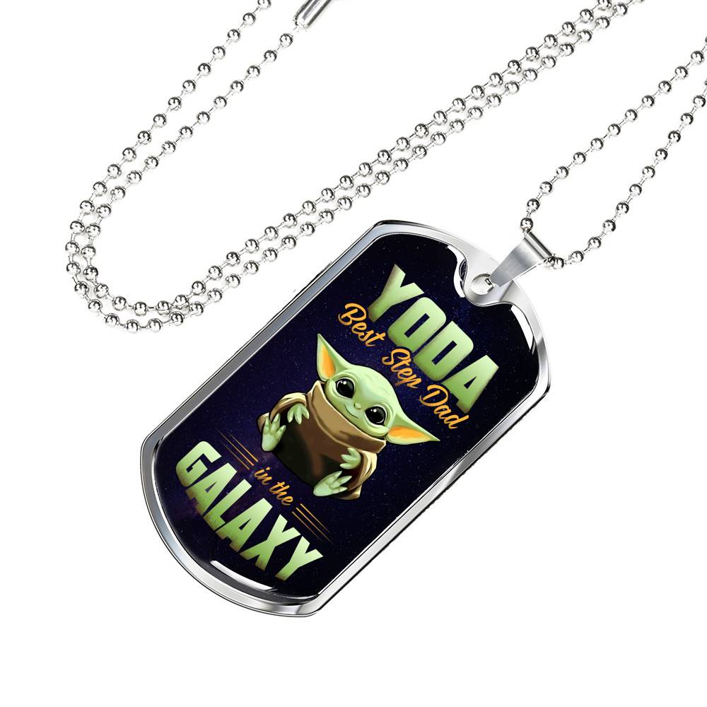 Funny Green Baby Alien You Da Best Step Dad in the Galaxy Father's Day Dog Tag Pendant Necklace
