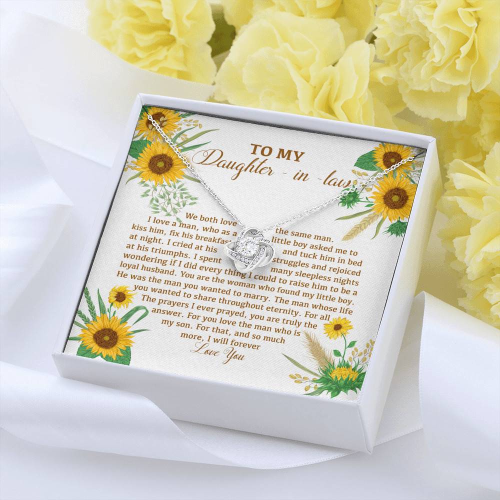 To My Daughter In Law We Both Love The Same Man I Will Forever Love You Sunflower Love Knot Necklace