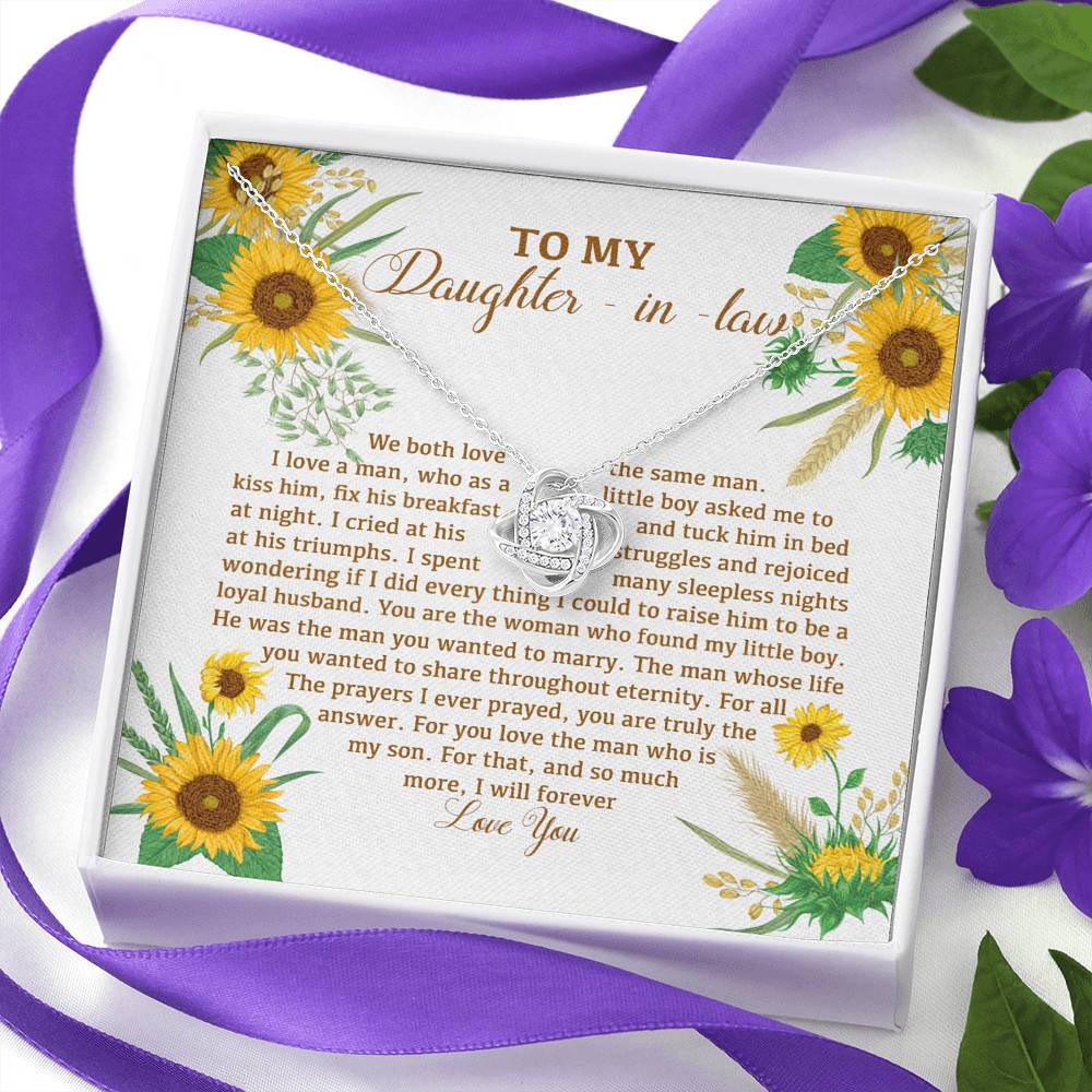 To My Daughter In Law We Both Love The Same Man I Will Forever Love You Sunflower Love Knot Necklace