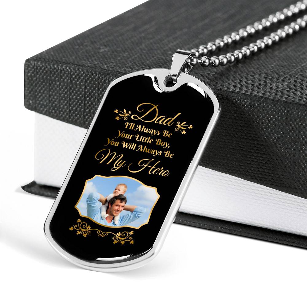 Custom Photo Fathers Day Gift You Will Always Be My Hero Dog Tag Pendant Necklace