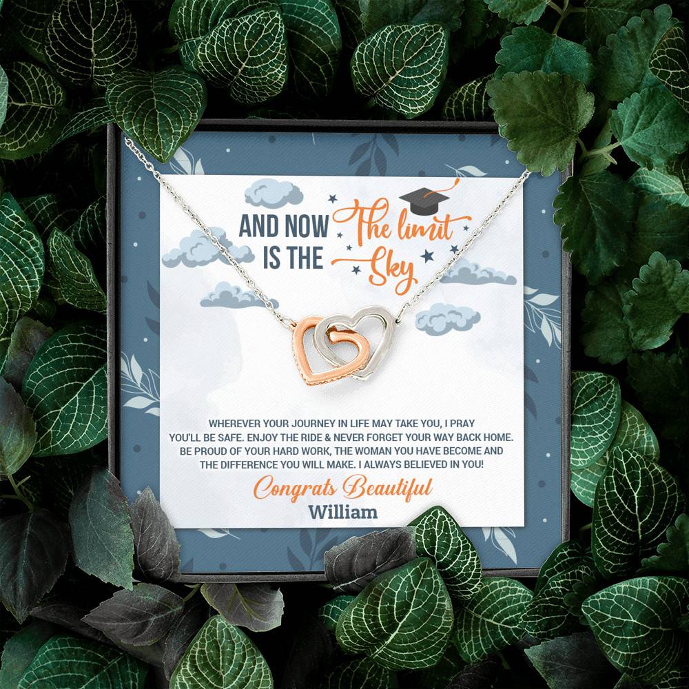 Personalized And Now The Limit Is The Sky Interlocking Hearts Pendant Necklace - Custom Graduation Necklace