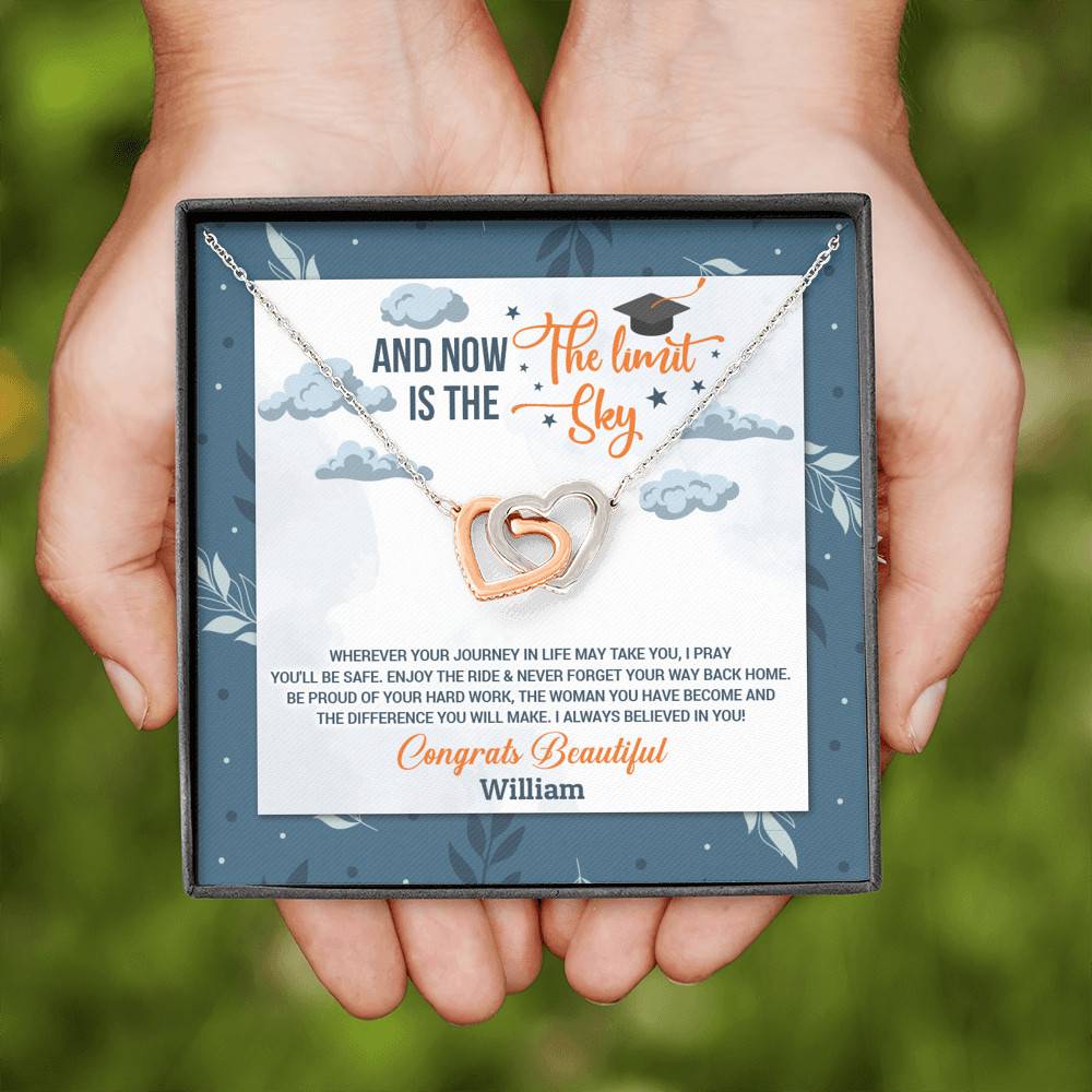 Personalized And Now The Limit Is The Sky Interlocking Hearts Pendant Necklace - Custom Graduation Necklace