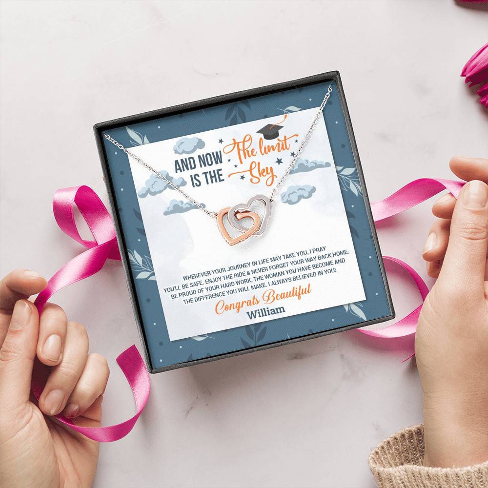 Personalized And Now The Limit Is The Sky Interlocking Hearts Pendant Necklace - Custom Graduation Necklace