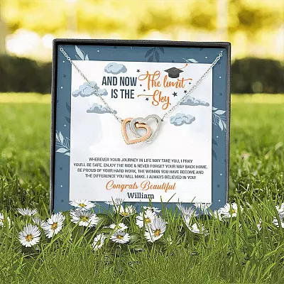 Personalized And Now The Limit Is The Sky Interlocking Hearts Pendant Necklace - Custom Graduation Necklace