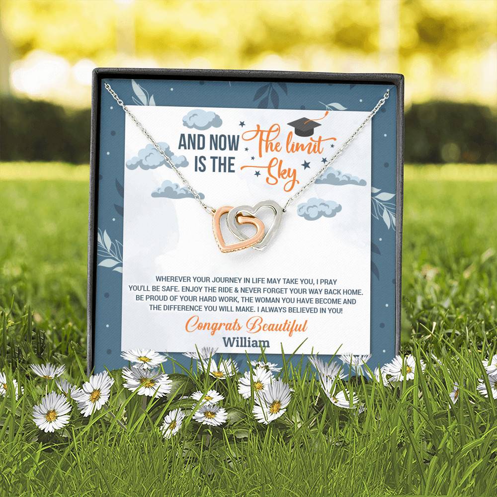 Personalized And Now The Limit Is The Sky Interlocking Hearts Pendant Necklace - Custom Graduation Necklace