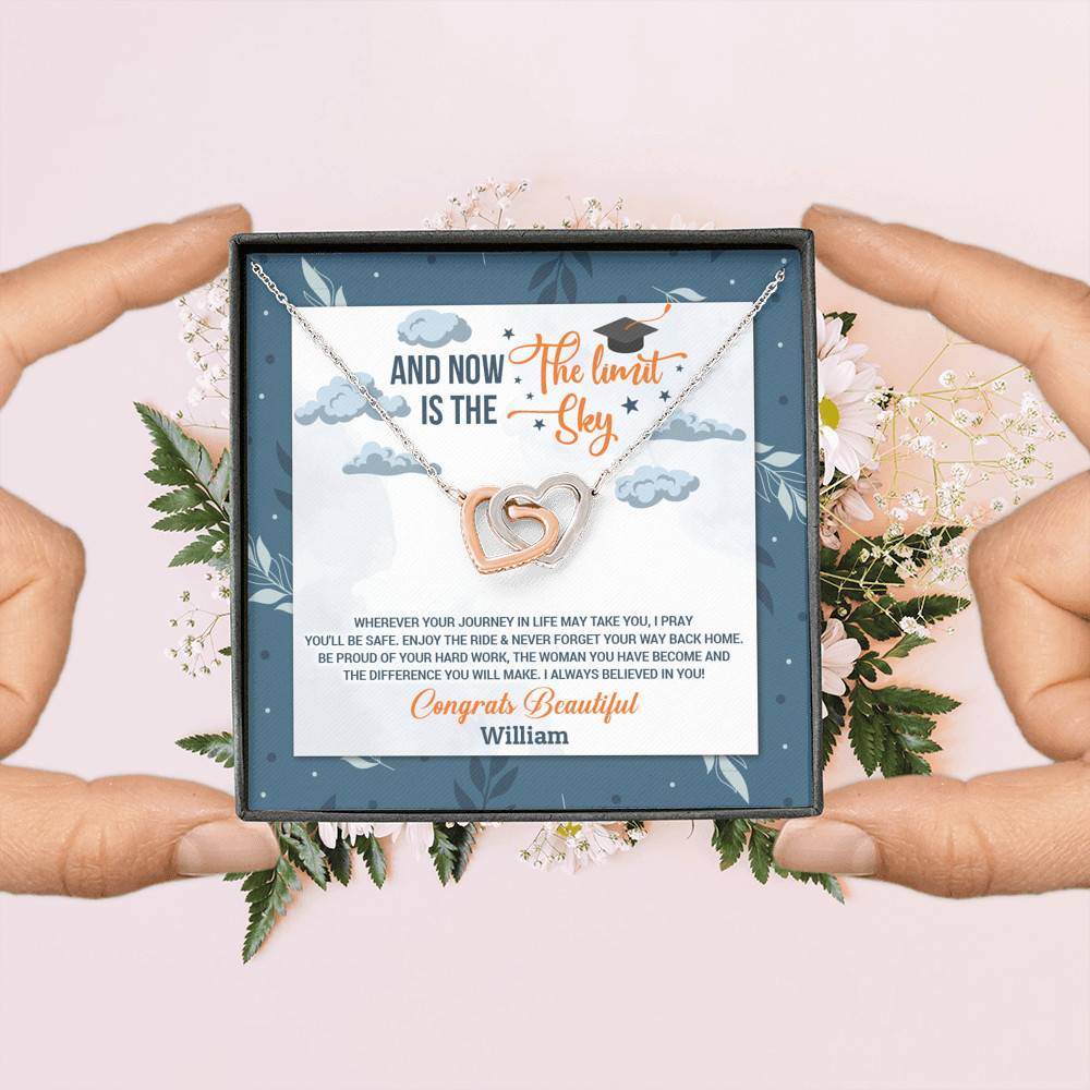 Personalized And Now The Limit Is The Sky Interlocking Hearts Pendant Necklace - Custom Graduation Necklace