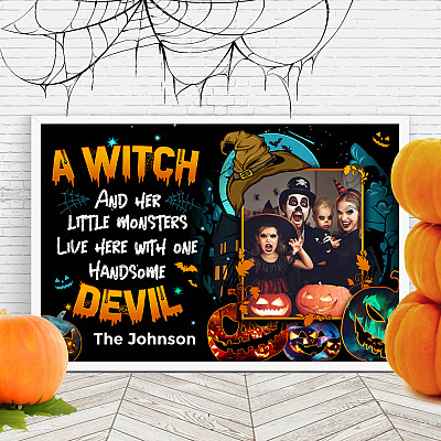 Alternative view of Personalized Photo a Witch and Her Little Monster Live Here with Handsome Devil Wrapped Framed Canvas - Unframed Poster