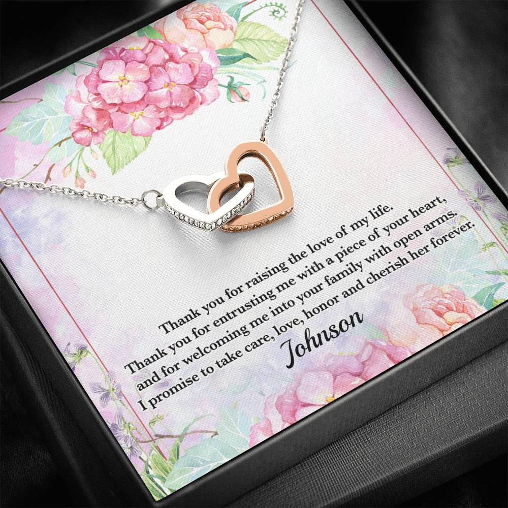 Personalized Thank You for Raising the Love of My Life Mother-In-Law Interlocking Hearts Pendant Necklace