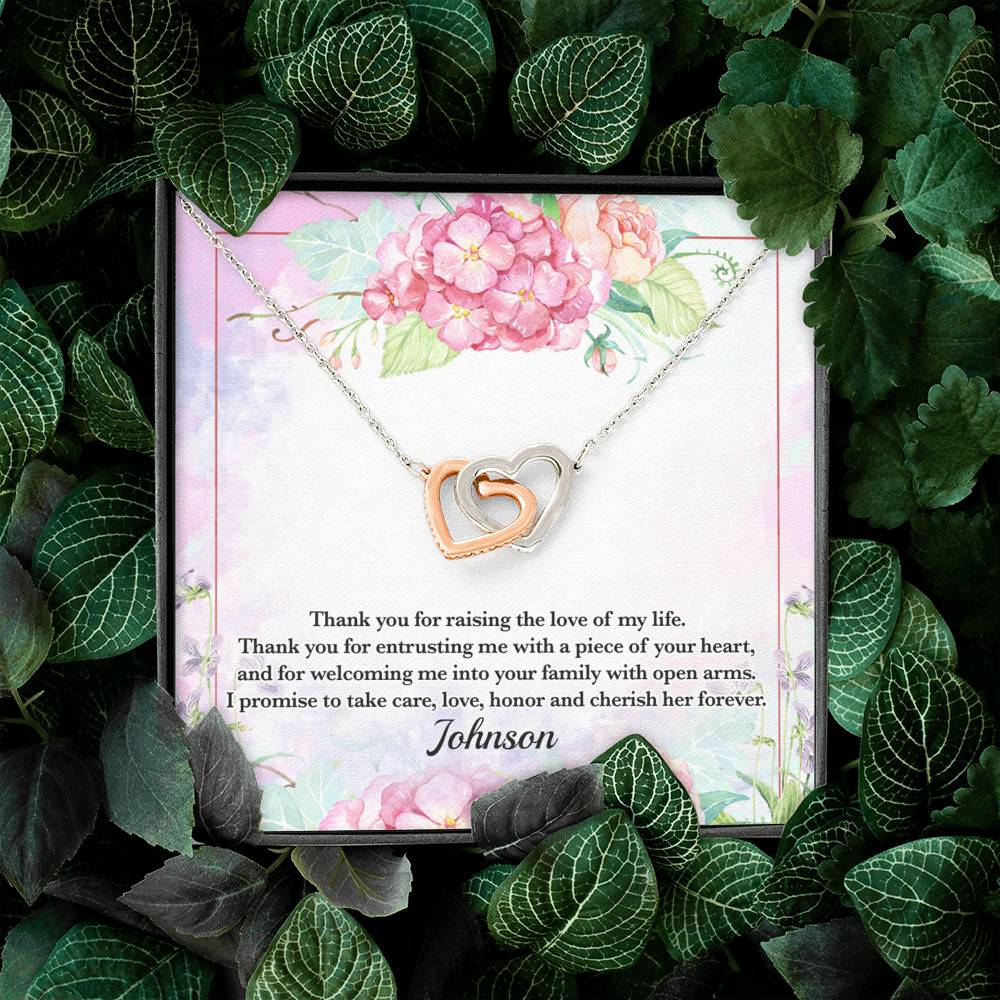 Personalized Thank You for Raising the Love of My Life Mother-In-Law Interlocking Hearts Pendant Necklace