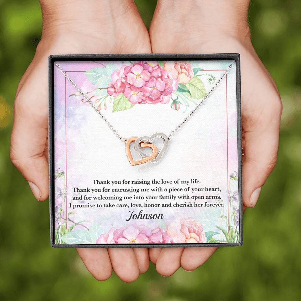 Personalized Thank You for Raising the Love of My Life Mother-In-Law Interlocking Hearts Pendant Necklace