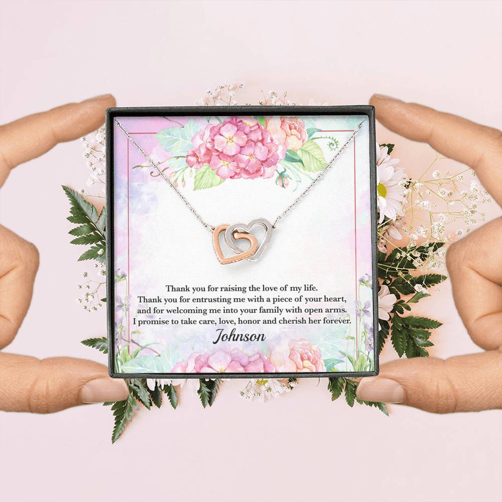Personalized Thank You for Raising the Love of My Life Mother-In-Law Interlocking Hearts Pendant Necklace