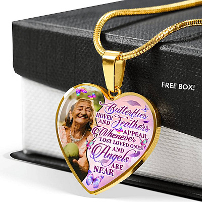 Personalized Photo Butterfly Hover And Feathers Appear Whenever Lost Loved Ones Heart Pendant Necklace