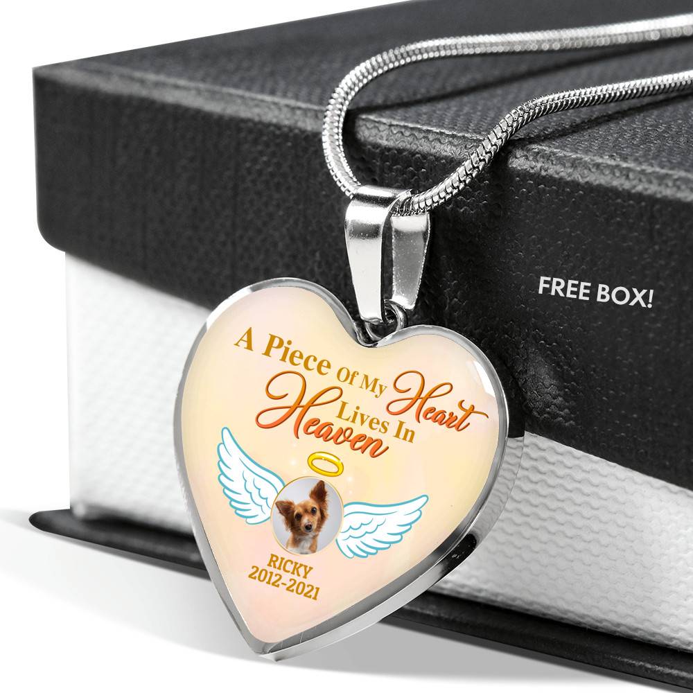 Personalized Photo A Piece Of My Heart Lives In Heaven In Memory Of Puppy Dog Dad Mom Heart Pendant Necklace