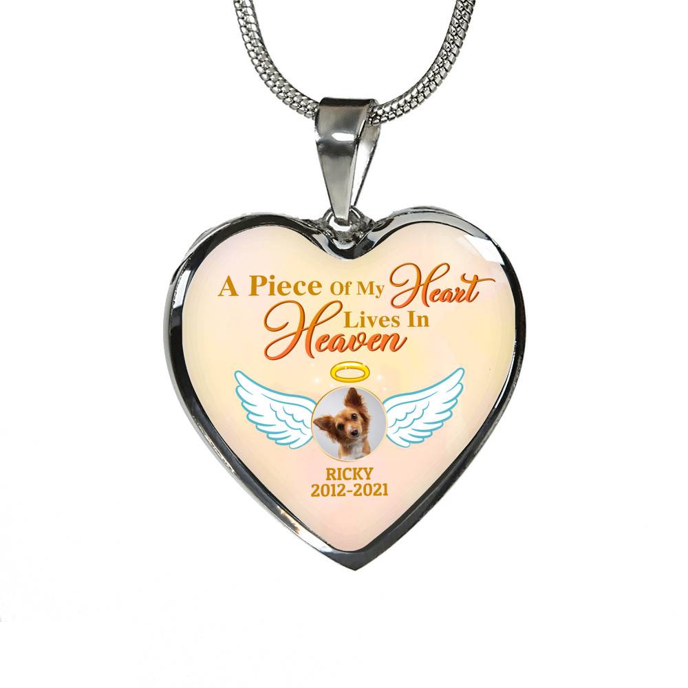 Personalized Photo A Piece Of My Heart Lives In Heaven In Memory Of Puppy Dog Dad Mom Heart Pendant Necklace