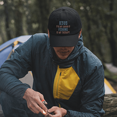 Alternative view of Jesus Is My Savior Fishing Is My Therapy Twill Cap - Fishing Men  Trucker Hat - Fishing Dad Snapback Hat