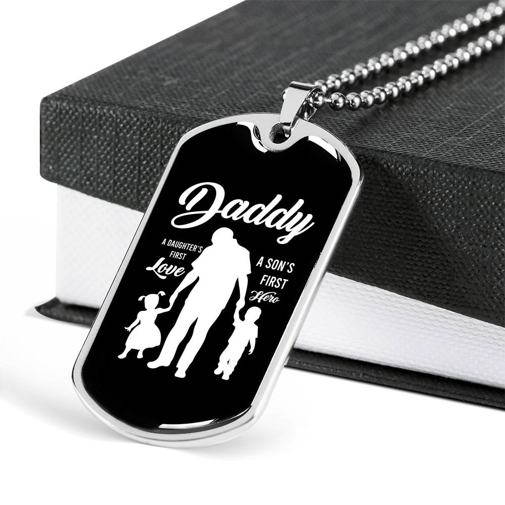 Daddy Son's First Hero and Daughter's First Love Father's Day Dog Tag Pendant Necklace