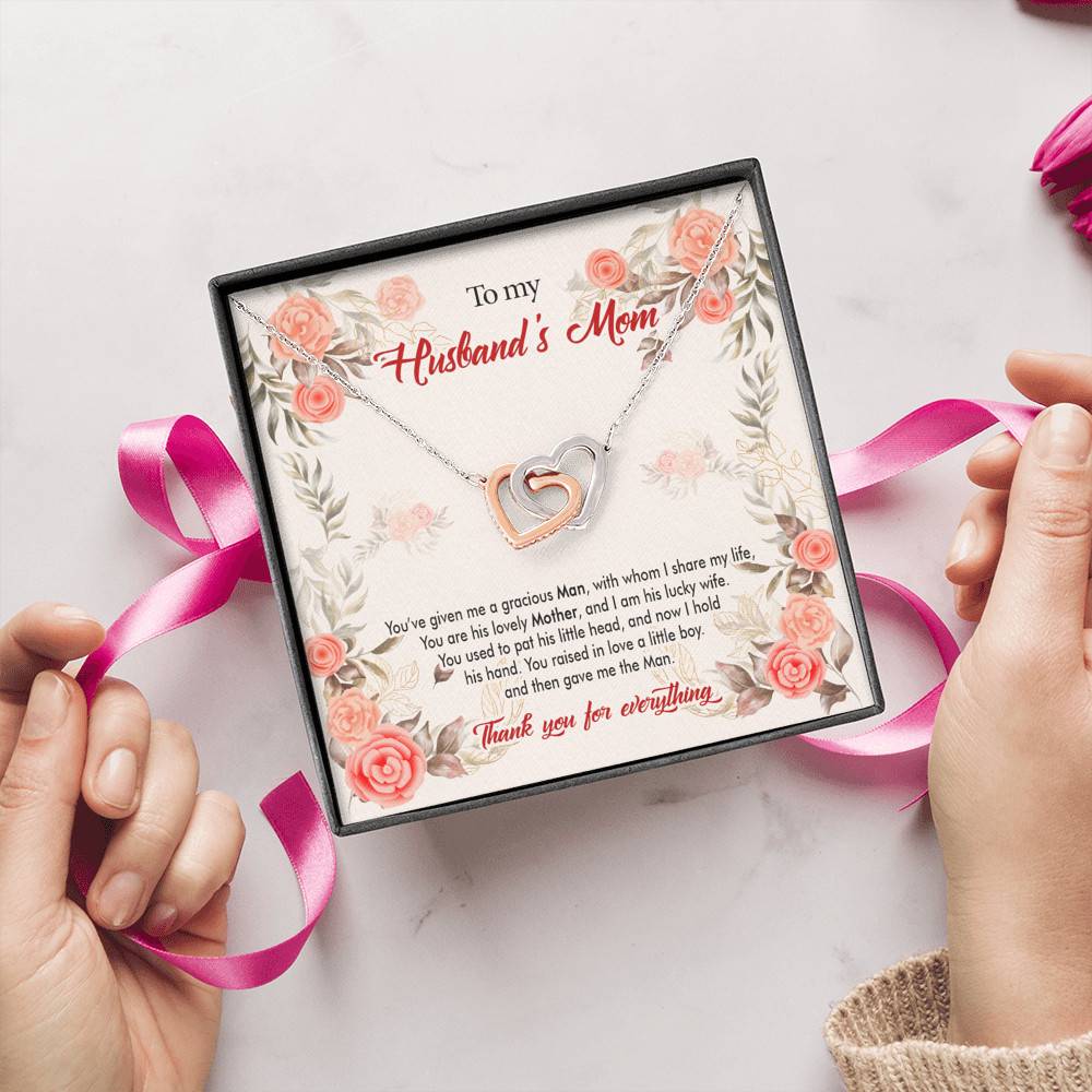 To My Husband's Mom You've Given Me a Gracious Man with Whom I Share My Life Interlocking Hearts Pendant Necklace