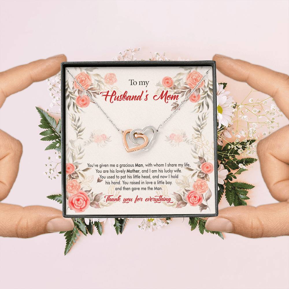 To My Husband's Mom You've Given Me a Gracious Man with Whom I Share My Life Interlocking Hearts Pendant Necklace