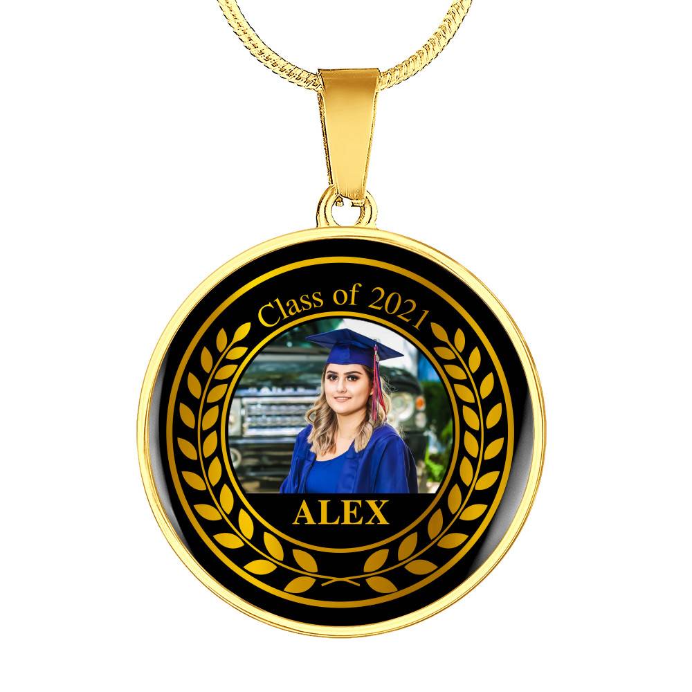 Personalized Photo Class Of 2021 Circle Pendant Necklace - Circle Luxury Necklace (Gold Plated)