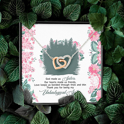 God Made Us Sisters Thank You for Being My Unbiological Sister Interlocking Hearts Pendant Necklace