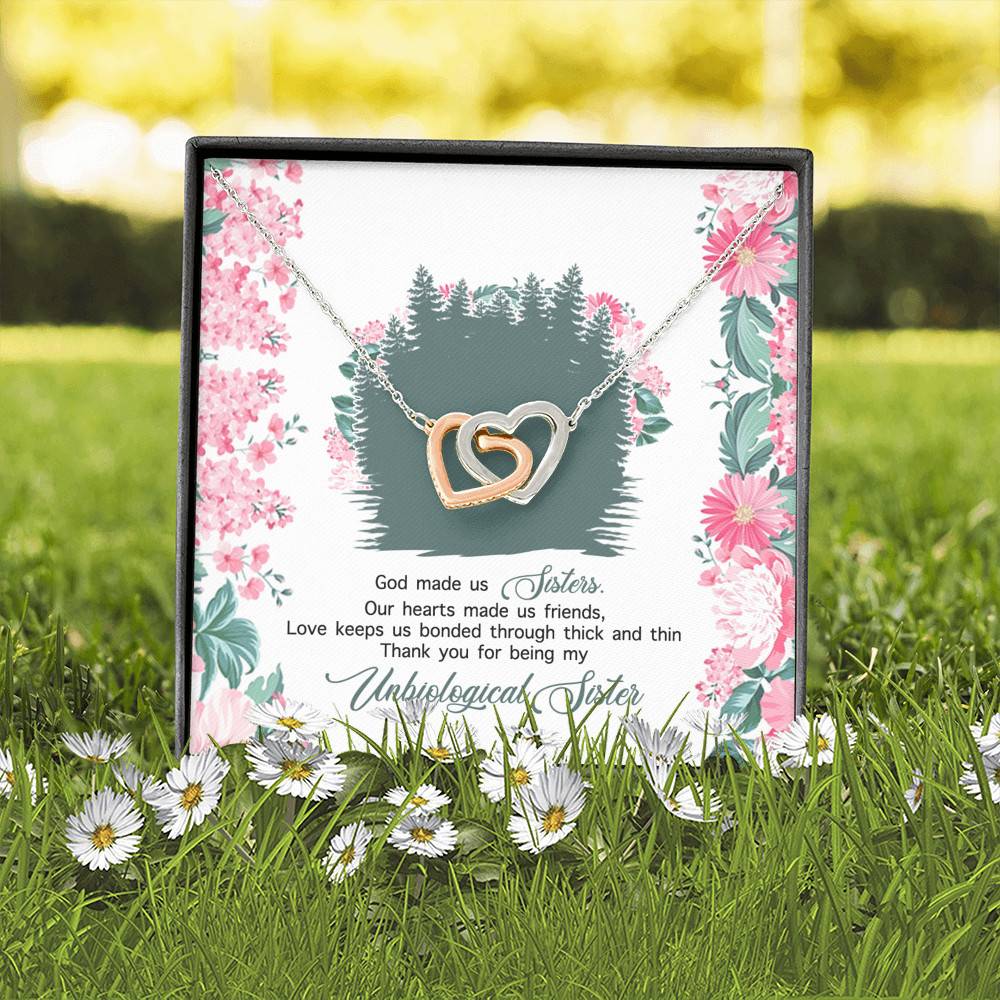 God Made Us Sisters Thank You for Being My Unbiological Sister Interlocking Hearts Pendant Necklace