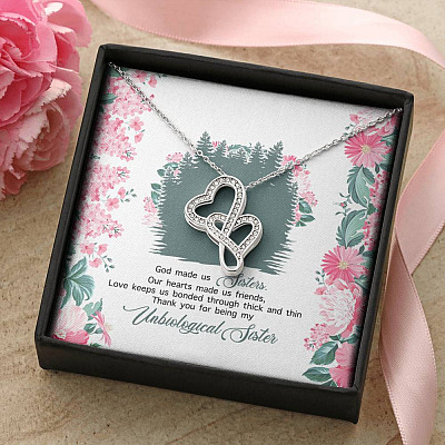 God Made Us Sisters Thank You for Being My Unbiological Sister Double Hearts Pendant Necklace