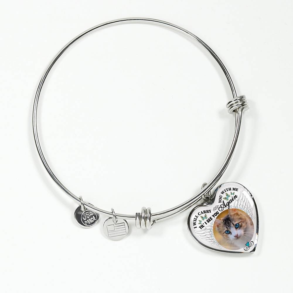 Personalized Custom Photo I Will Carry You With Me Wings Memorial Pet Dog Cat Heart Necklace - Bangle
