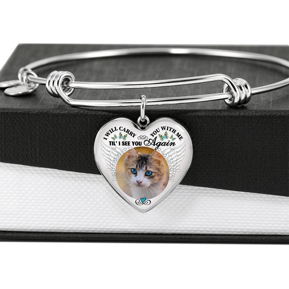 Personalized Custom Photo I Will Carry You With Me Wings Memorial Pet Dog Cat Heart Necklace - Bangle
