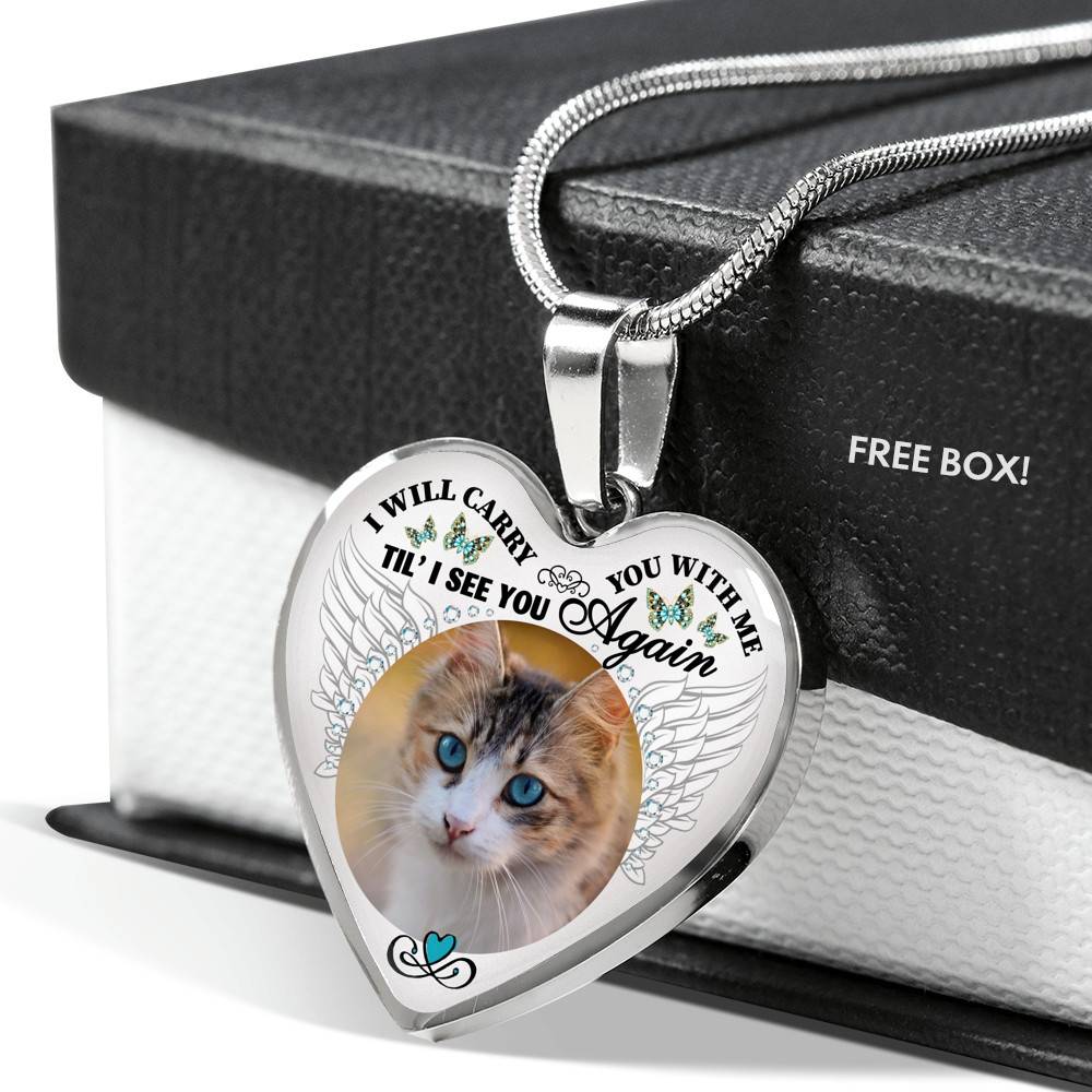 Personalized Custom Photo I Will Carry You With Me Wings Memorial Pet Dog Cat Heart Necklace - Bangle