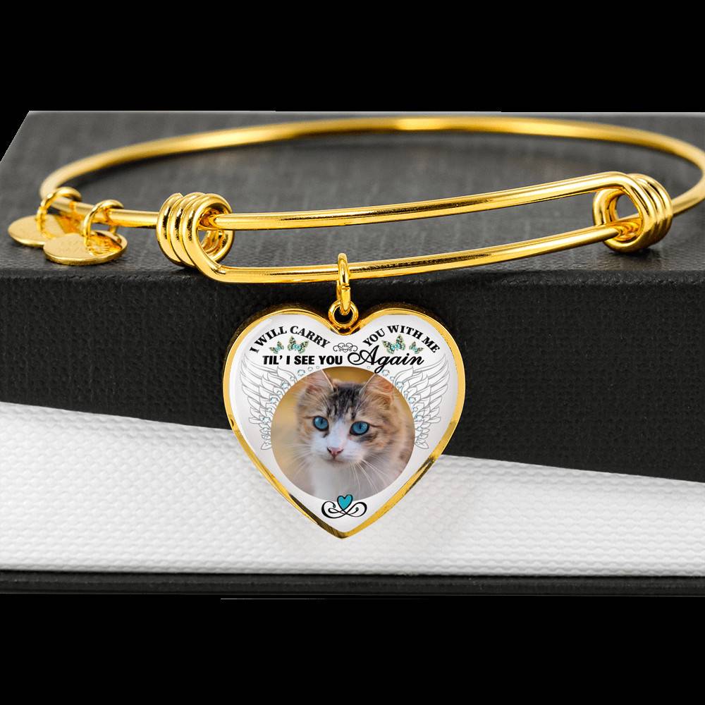 Personalized Custom Photo I Will Carry You With Me Wings Memorial Pet Dog Cat Heart Necklace - Bangle