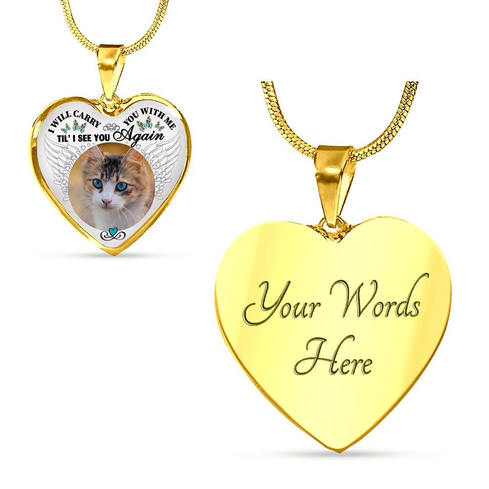 Personalized Custom Photo I Will Carry You With Me Wings Memorial Pet Dog Cat Heart Necklace - Bangle