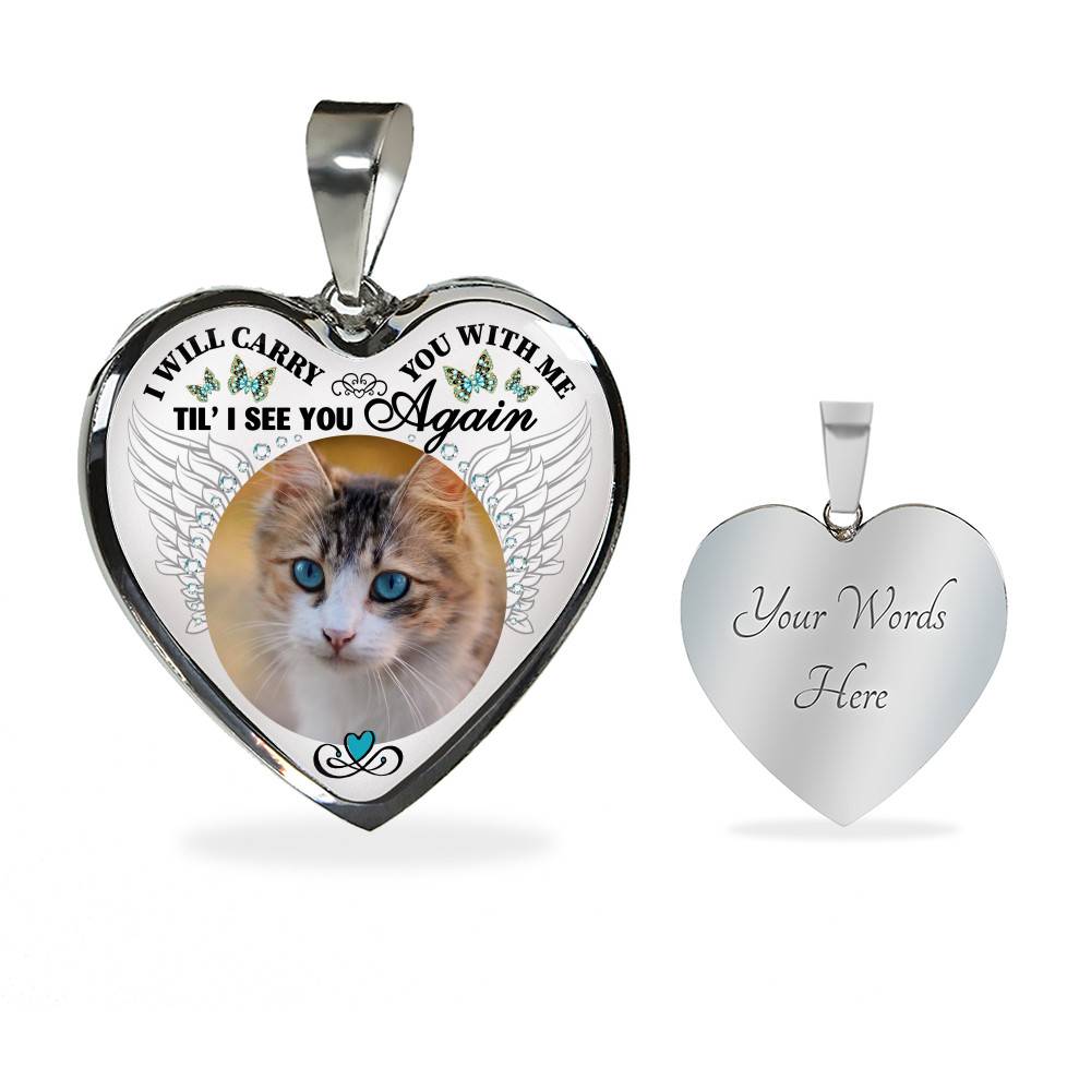 Personalized Custom Photo I Will Carry You With Me Wings Memorial Pet Dog Cat Heart Necklace - Bangle