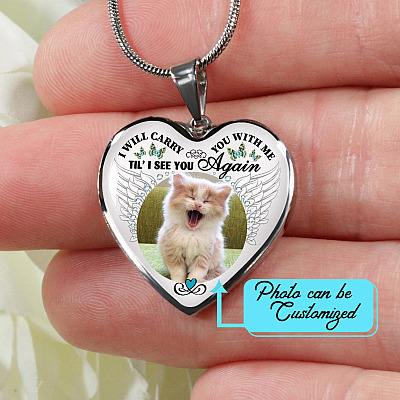 Alternative view of Personalized Custom Photo I Will Carry You With Me Wings Memorial Pet Dog Cat Heart Necklace - Bangle