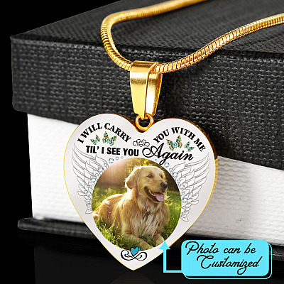 Personalized Custom Photo I Will Carry You With Me Wings Memorial Pet Dog Cat Heart Necklace - Bangle