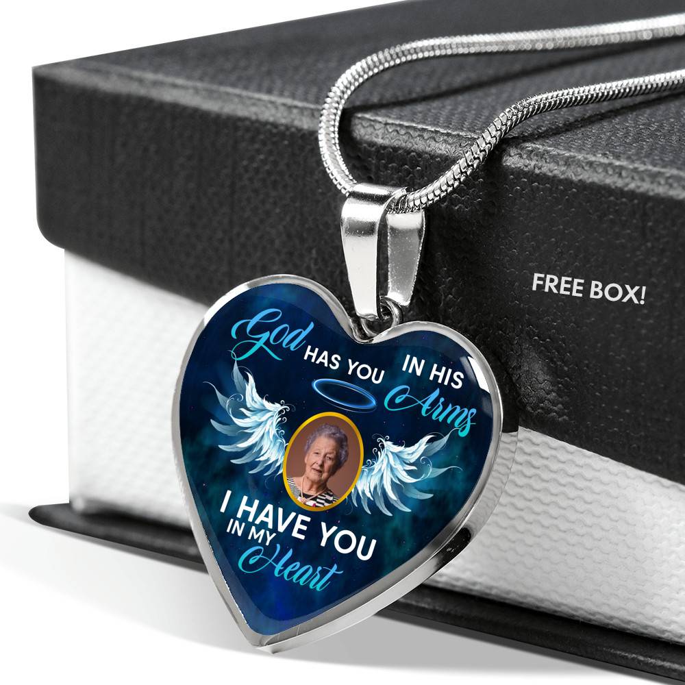 Personalized Custom Photo Memorial God Has You In His Arms I Have You In My Heart Heart Necklace - Bangle