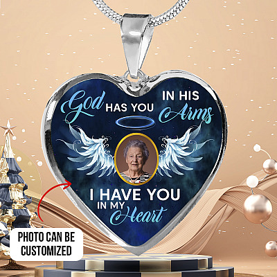 Alternative view of Personalized Custom Photo Memorial God Has You In His Arms I Have You In My Heart Heart Necklace - Bangle
