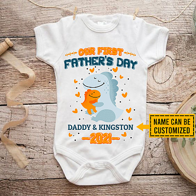Alternative view of Personalized Our First Father's Day 2021 Cute Dinosaurs Baby Onesie - Toddler Infant Bodysuit